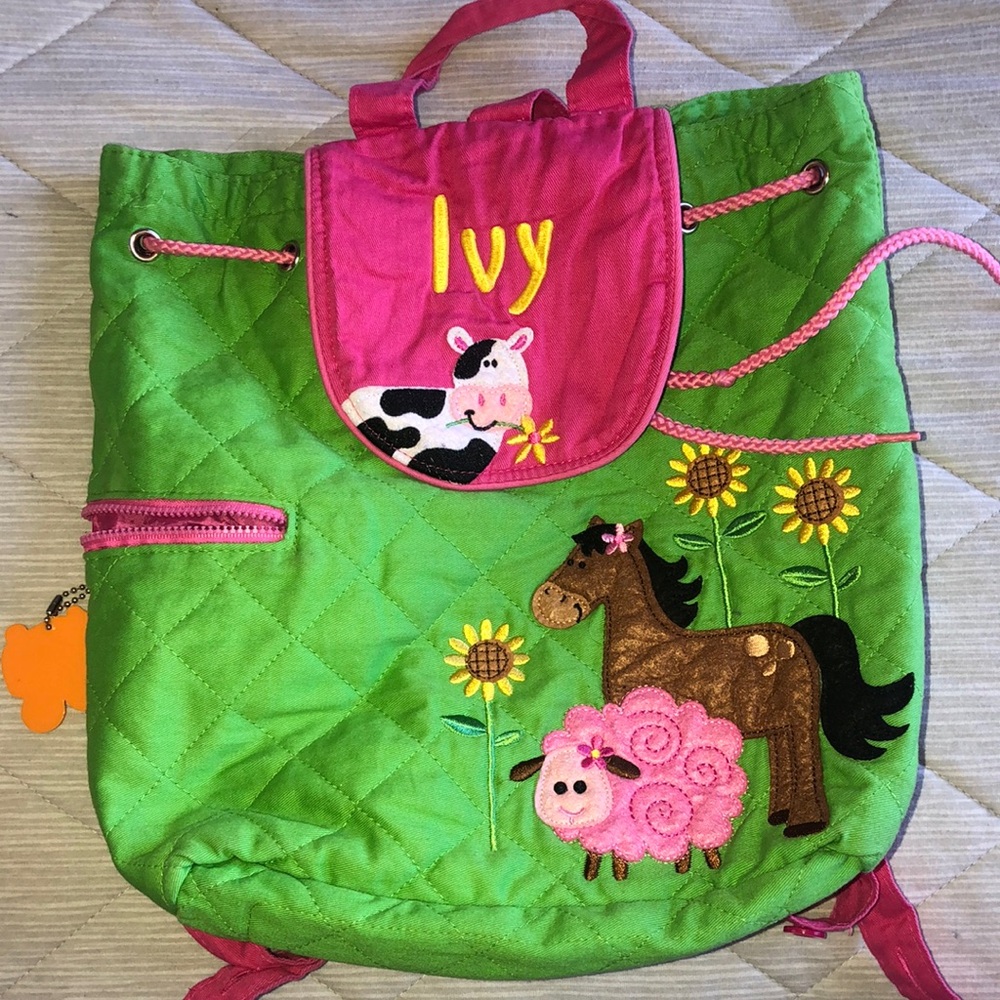 Stephen Joseph, kids quilted backpack.  Lime, green, sunflower, horse, and lambs